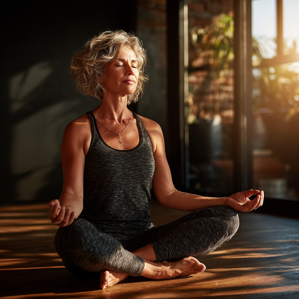 Middle-aged woman in peaceful yoga meditation pose, sitting cross-legged with hands in mudra position, wearing comfortable activewear in a serene studio setting