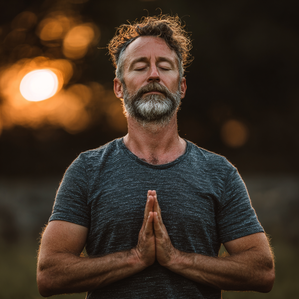 Peaceful middle-aged man in comfortable pose during outdoor yoga session, demonstrating balance and mindfulness in natural setting with soft lighting