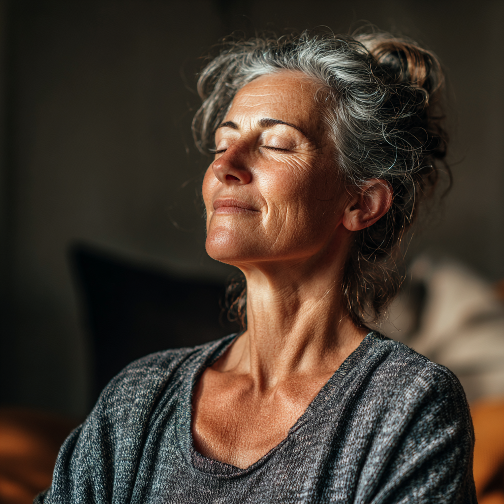 Serene middle-aged woman practicing deep breathing meditation in lotus position, eyes closed peacefully in a minimalist indoor setting with soft natural light